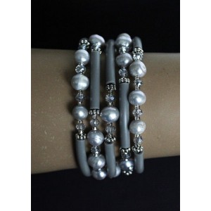 Браслет из жемчуга серебристого, 5 оборотов, шарик до 8мм, с трубочками