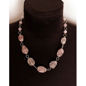 Бусы из кварца розового на колечках, 48-50см, крупная огранка + шарик 8мм