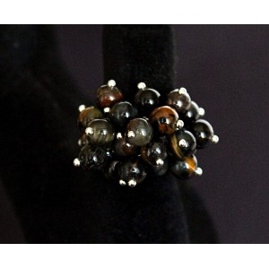 Кольцо с тигрово-соколиным глазом "гроздь" безразмерное