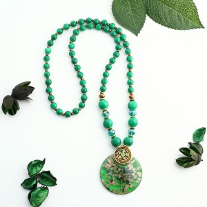 Кулон восход "Муранское стекло" круг на бусах цвет зелёный, 70см