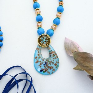 Кулон восход "Муранское стекло" капля на бусах, цвет синий, 80 см