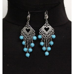 Cерьги из бирюзы (имитация), шарик 6мм, коннектор "сердце в ромбе" + цепочка