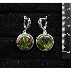 Серьги из хромдиопсида и граната (кабошон-мозаика), круг 18мм, швензы посеребрение