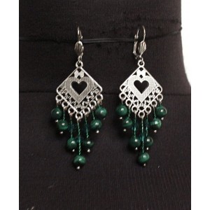 Cерьги из малахита (шарик 6мм), коннектор "сердце в ромбе" + хрусталь