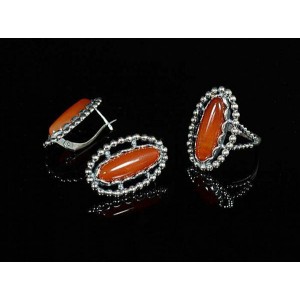 Комплект: кольцо и серьги из сердолика, овал, мельхиор