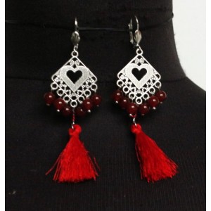 Cерьги из сердолика (шарик 6мм), коннектор "сердце в ромбе" + кисточка, цвет красный