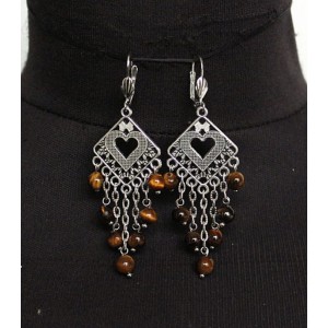 Cерьги из тигрового глаза (шарик 6мм огранка), коннектор "сердце в ромбе" + цепочка