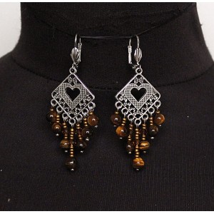 Cерьги из тигрового глаза (шарик 6мм огранка), коннектор "сердце в ромбе" + хрусталь