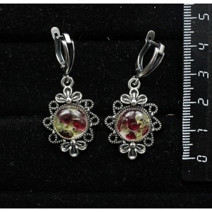 Серьги из хризолита и граната (кабошон-мозаика) "2 цветка", круг 12мм, швензы посеребрение