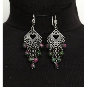 Cерьги из цоизита (шарик 6мм), коннектор "сердце в ромбе" + цепочка