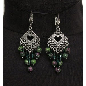 Cерьги из цоизита (шарик 6мм), коннектор "сердце в ромбе" + хрусталь