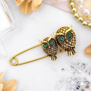 Булавка "Совы" пара, 6см, цвет зеленый, цвет золотистый (стразы)