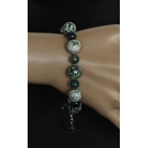 Браслет из агата мохового и яшмы зеленой, шарик 12мм и 8мм, с подвеской