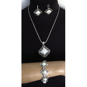 Комплект: кулон, браслет и серьги с иск. перламутром, узор "завитки", ромб, 48см, 18см