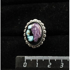 Кольцо с чароитом и нат. бирюзой (кабошон-мозаика), овал 18x13, литая оправа, безразмерное