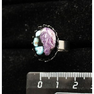 Кольцо с чароитом и нат. бирюзой (кабошон-мозаика), овал 18х13мм, безразмерное