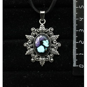 Кулон из чароита и нат. бирюзы (кабошон-мозаика), овал, 18х13мм, оправа "папоротник"