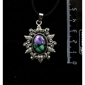 Кулон из чароита с малахитом (кабошон-мозаика), овал, 18х13мм, оправа "папоротник"