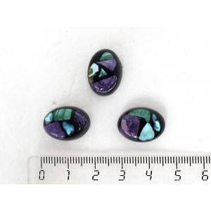 Чароит, бирюза нат., малахит, кабошон-мозаика овал 18х13мм, черный фон