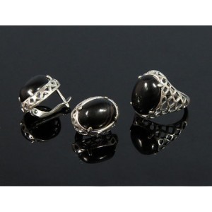 Кольцо и серьги с агатом черным