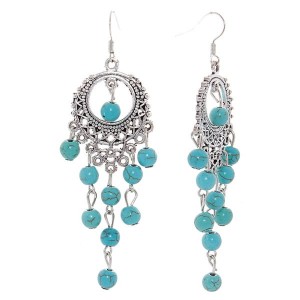 Серьги бирюза (имитация) круг и 5 дорожек бусинок, цвет голубой, цвет серебристый
