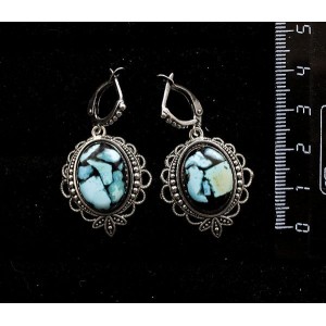 Cерьги из бирюзы, кабошон мозаика, овал 18х13мм, оправа "трилистник", швензы посеребрение