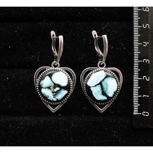 Серьги из бирюзы натуральной (кабошон-мозаика) "сердечко", круг 18мм, швензы посеребрение