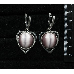 Серьги из кошачьего глаза (синт.), цвет сиреневый "сердечко", круг 18мм, швензы посеребрение