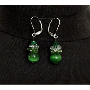 Серьги из кошачьего глаза (синт.), шарик 6 и 12мм цвет зеленый + хрусталь