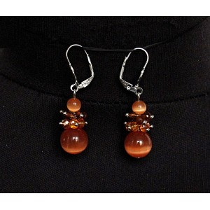 Серьги из кошачьего глаза (синт.), шарик 6 и 12мм цвет оранжевый + хрусталь