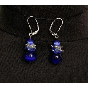 Серьги из кошачьего глаза (синт.), шарик 6 и 12мм цвет синий индиго + хрусталь