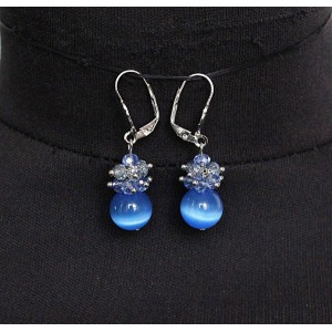 Серьги из кошачьего глаза (синт.), шарик 6 и 12мм цвет морская волна + хрусталь