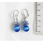 Серьги из кошачьего глаза (синт.), шарик 6 и 12мм цвет морская волна + хрусталь