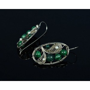 Серьги с малахитом " Овал ", 37х23мм, авт.-ручная работа, юв сплав - нейзильбер