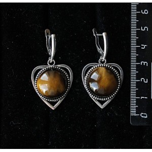 Серьги из тигрового глаза "сердечко", круг 18мм, швензы посеребрение