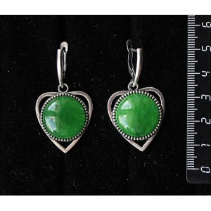 Серьги из кварца тонированного, цвет хризопраз, "сердечко", круг 18мм, швензы посеребрение