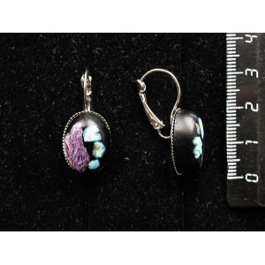 Серьги из чароита и нат. бирюзы (кабошон-мозаика), овал 18х13мм, замок петелька