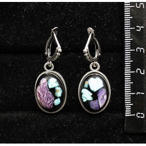 Серьги из чароита и нат. бирюзы (кабошон-мозаика), простой овал 18х13мм, швензы посеребрение