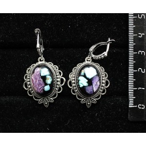 Cерьги из чароита и нат. бирюзы (кабошон-мозаика), овал 18х13мм, оправа "трилистник", швензы посеребрение