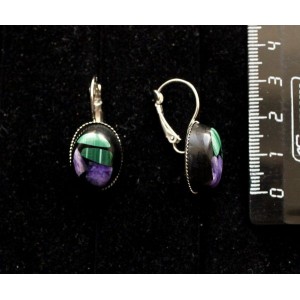 Серьги из чароита с малахитом (кабошон-мозаика), овал 18х13мм, замок петелька