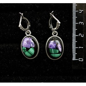 Серьги из чароита с малахитом (кабошон-мозаика), простой овал 18х13мм, швензы посеребрение