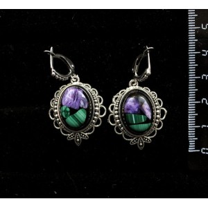 Cерьги из чароита с малахитом (кабошон-мозаика), овал 18х13мм, оправа "трилистник", швензы посеребрение