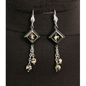 Серьги из яшмы далматиновой, шарики 6мм в квадратной рамке из гематита и на цепочке