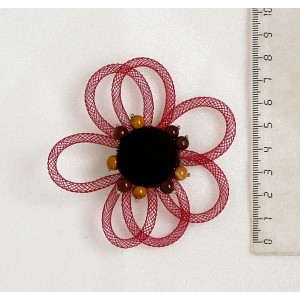 Брошь из яшмы вишнево-желтой (мукаит) и бархата "цветок" с ювелирной сеткой
