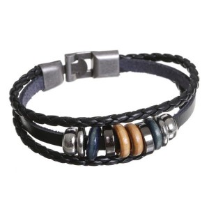 Браслет "Стиль" диски, цвет чёрный (дерево, искусственная кожа, кожа, гематит, бижутерный сплав)