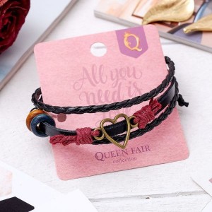 Браслет кожа "Стиль" сердце, цвет чёрно-красный (дерево, искусственная кожа, кожа, пластик, текстиль, бижутерный сплав)