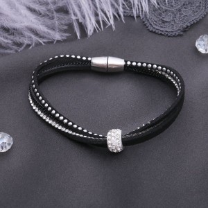 Браслет кожа "Шамбала", цвет чёрный, цвет серебристый (искусственная замша, стразы, бижутерный сплав)