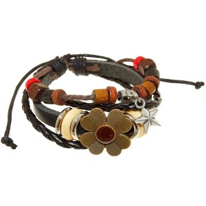 Браслет кожа "Цветок со звездочкой" хиппи, цвет коричнево-черный (дерево, кожа, текстиль, эмаль, бижутерный сплав)