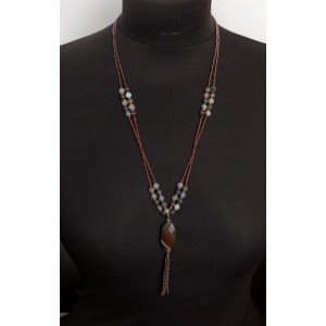 Колье-сотуар из агата кофейного и серого с белым бисером, бусина граненая 30х14мм и шарик 6мм