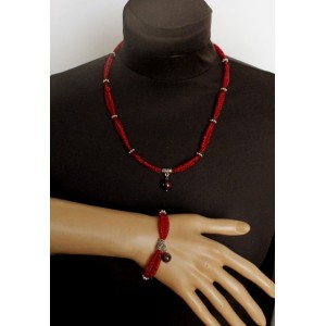 Комплект: колье и браслет из граната на сетке, цвет красный, шарик 11мм и 9мм